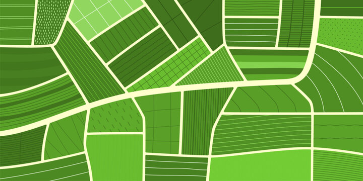 Top view of rice and green tea plantations. Patchwork of agriculture arable farm fields background. Aerial agricultural pattern for farming app backgrounds, tea farm graphics and eco friendly brands