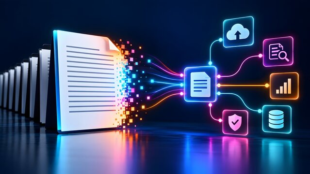 Digital document transformation with data flow connecting to glowing icons for cloud storage, analytics, and security