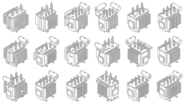 Isometric view of electrical transformers in a grid pattern.