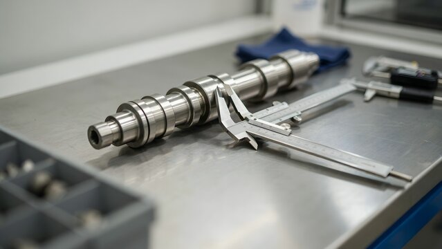 Precision Measuring Tool and Metal Shaft on Workbench for Engineering or Manufacturing