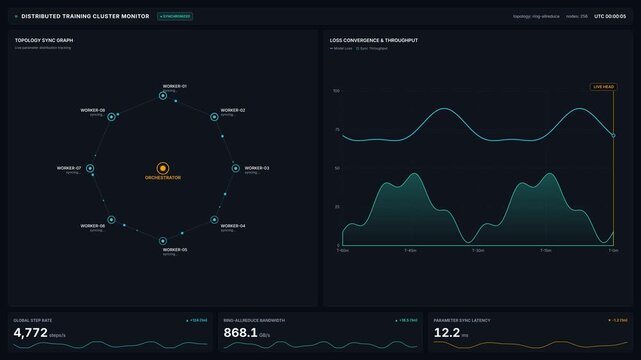 Distributed training cluster monitor for worker nodes synchronization system metrics, for artificial intelligence, machine learning performance, cloud computing, big data processing