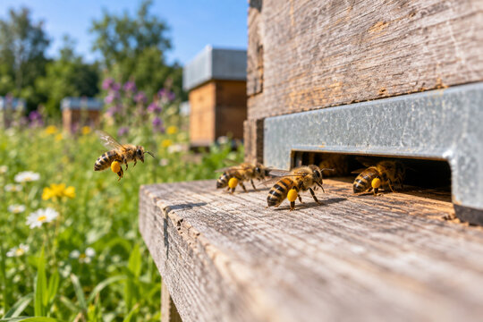 Pollen laden honey bees returning to a hive entrance