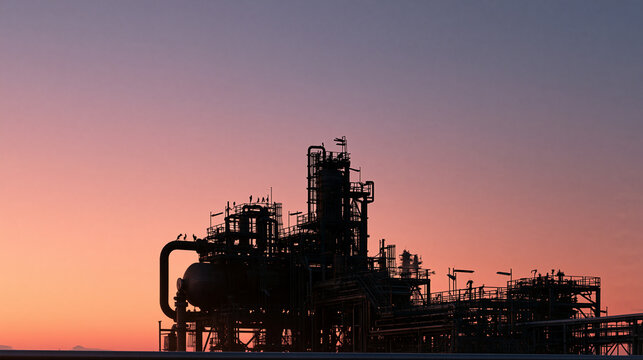 Silhouette of Oil Refinery Plant at Sunset