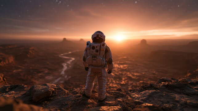 Astronaut Standing on Cliff Looking at Alien Planet Sunset