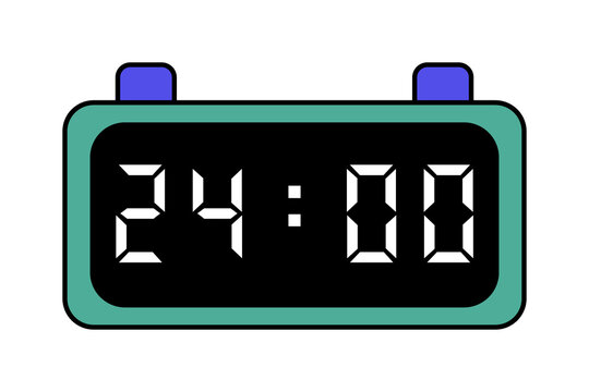 A green and purple digital clock showing 24:00 on a white background