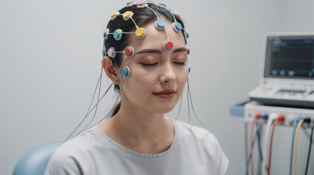 A woman undergoes an EEG test with electrodes attached to her scalp, measuring brain activity in a clinical setting.