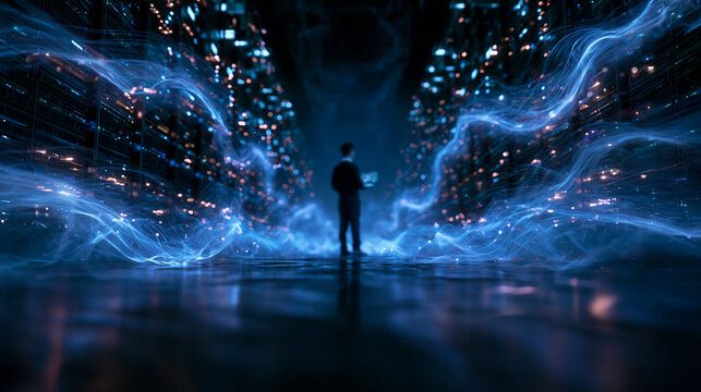 IT Engineer Standing in Futuristic Glowing Data Center