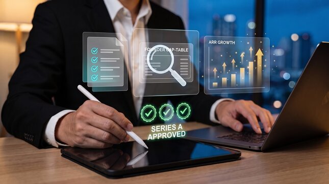 series a funding approval and venture capital due diligence system. founder cap table review platform. entrepreneur analyzing fundraising checklist and arr growth chart with stylus pen on tablet.

