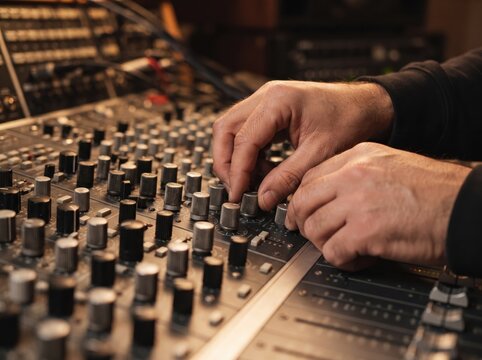 Close-up of a music producer's hands adjusting knobs and faders on a professional analog mixing console during a recording session in a sound studio.