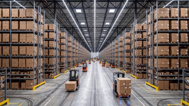 Automated Forklifts Moving Goods in Modern Logistics Warehouse