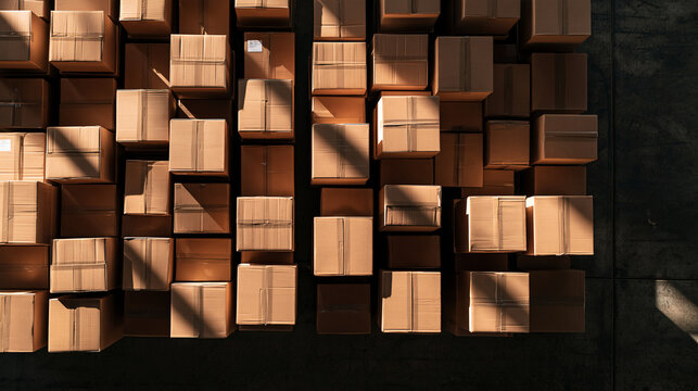 High Angle View of Cardboard Boxes in Warehouse