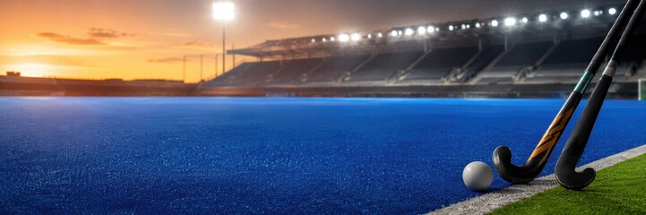 Obraz premium Field hockey sticks and ball on blue artificial turf pitch at sunset. Empty stadium with floodlights in background. World field hockey championship sport game competition. Banner with copy space