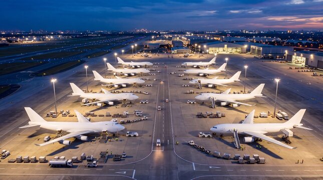 Fleet of Cargo Airplanes Parked on Airport Tarmac at Dusk