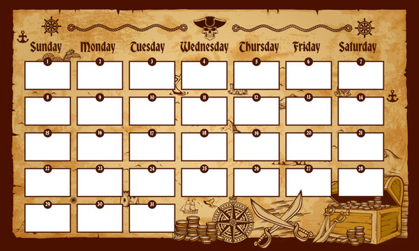 Education and habit month planner timetable schedule with old pirate treasures map and decorations. Vector school calendar frame, paper border, week diary page template, appointment day plan or chart