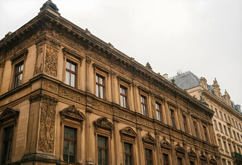 Obraz premium European architecture and urban heritage, historic building facade with ornate stone carvings and classical design in a traditional city center street