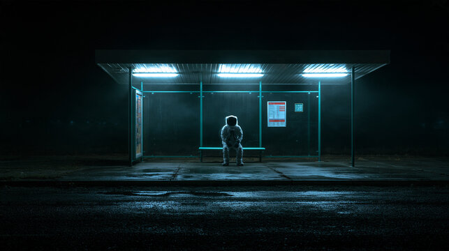 Astronaut Sitting Alone at Bus Stop at Night
