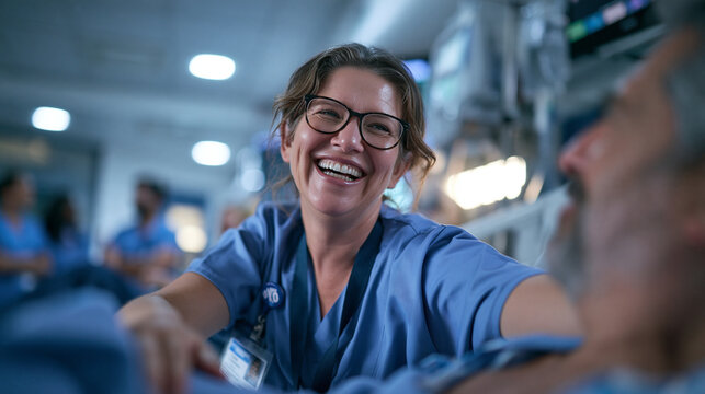 Smiling Nurse Comforting Patient in Hospital Ward