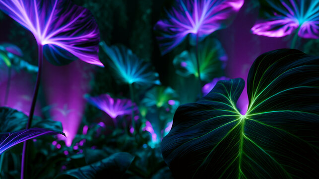Neon Bioluminescent Tropical Leaves in Night Jungle