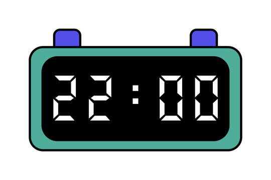A green and purple digital clock showing 22:00 on a white background