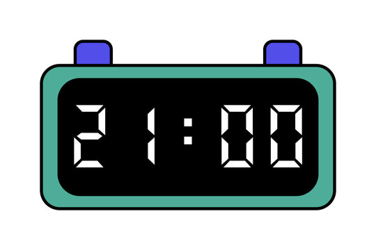 A green and purple digital clock showing 21:00 on a white background