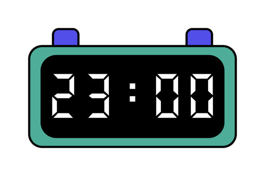 A green and purple digital clock showing 23:00 on a white background