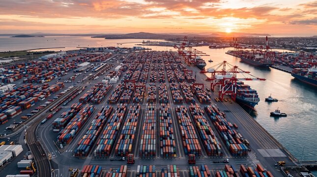 Aerial View of Commercial Container Port Terminal at Sunset