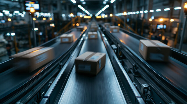 Automated Conveyor Belt Moving Cardboard Packages in Warehouse