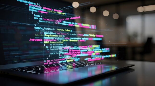 Colorful code snippets are projected above a laptop, symbolizing programming, software development, and technology in a modern workspace setting.