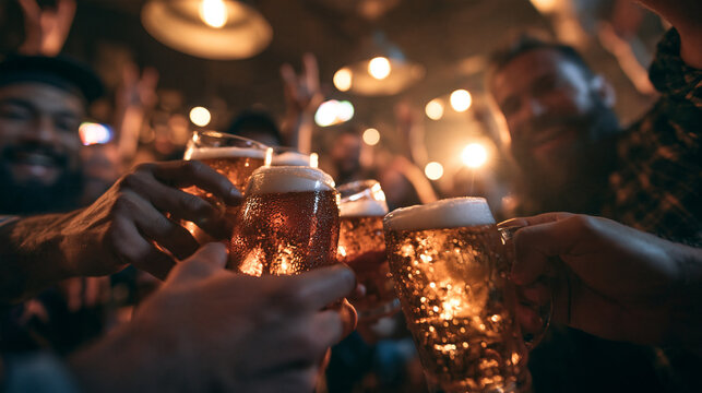 Friends Toasting with Cold Beer Mugs at Bar Party