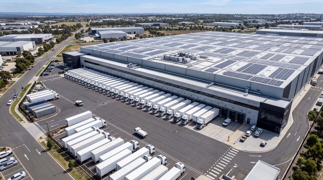 Aerial View of Large Logistics Warehouse and Trucks