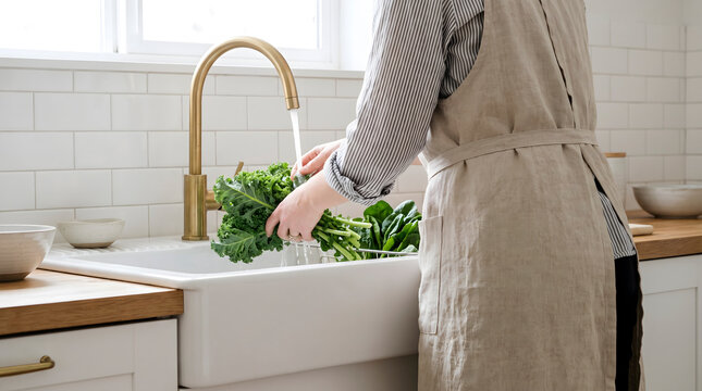 Over-the-shoulder shot of a person in an apron washing fresh green vegetables at a kitchen sink