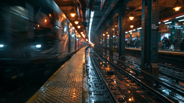 Speeding Subway Train Arriving at Underground Metro Station