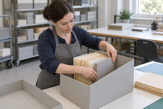 Archive assistant inserting a support spacer beside upright folders