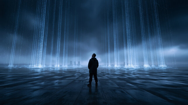 Person Standing in Futuristic Digital Cyberspace Landscape