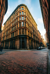 Obraz premium Urban real estate and city living, historic brick building on a street corner with cobblestone road in a metropolitan neighborhood at golden hour