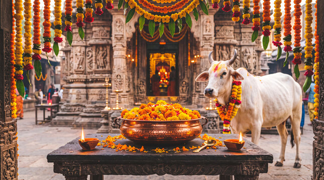 Sacred cow adorned with garlands stands near a temple during a religious ceremony