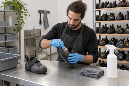 Worker brushing a climbing shoe at an equipment service bench