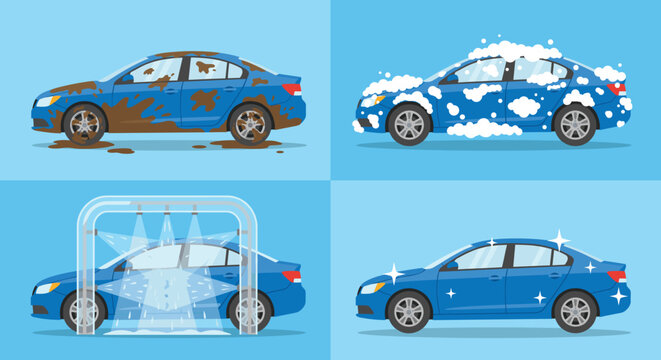 Automotive maintenance element pack in flat style, dirty vehicle, soapy car, automatic cleaning tunnel, and polished sedan
