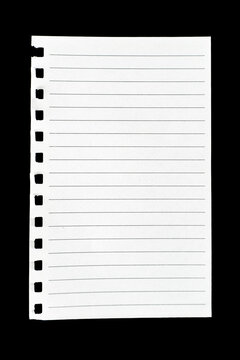 Torn sheet of blank lined notebook paper with spiral binding holes isolated against a black background.