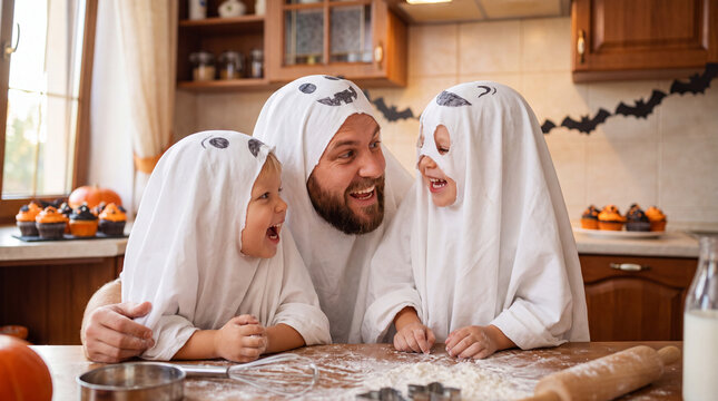 Caucasian father with two children in ghost costumes giggling in a Halloween kitchen, great for family holiday greeting cards and lifestyle stock photography.