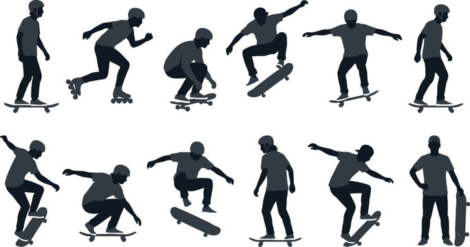Skateboarder Silhouette Icon Set with Extreme Skateboard Tricks, Roller Skating Poses, Street Sports Graphics for Active Youth Branding, and Action Event Posters