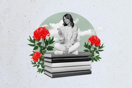 Artwork sketch banner full 3d collage of happy girl student hold phone sit book stack peony flower bloom spring e-learning