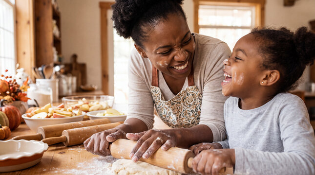 African mother and daughter making apple pie together in a warm kitchen, suited for autumn festival posters and cheerful Thanksgiving campaign visuals.