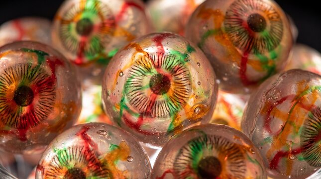 Creepy translucent gummy eyeball candies for Halloween party treats.