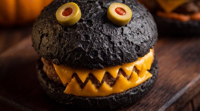 Spooky black charcoal monster burger with jagged cheese teeth and olive eyes.