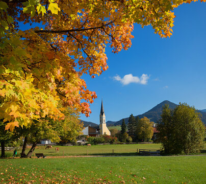 dreamy autumnal scenery tourist resort Schliersee. maple trees with colorful leaves. bavaria
