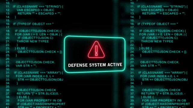 Cyber security alert with glowing red warning and defense system active text overlaying scrolling digital programming code background, for advanced network, protection and data, privacy concepts