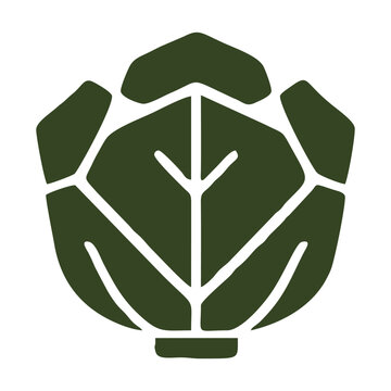 Minimalist cabbage icon featuring layered geometric leaves, bold green shapes, clean white vein details, and a simple flat design, ideal for food signage, branding, packaging, menus, and agriculture.