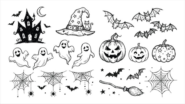 Hand drawn halloween clipart set with ghosts pumpkins bats spider webs with halloween themed doodles