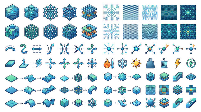 Sci-Fi Technology Icons and HUD Elements Set Futuristic Isometric Cubes, Patterns, and UI Symbols